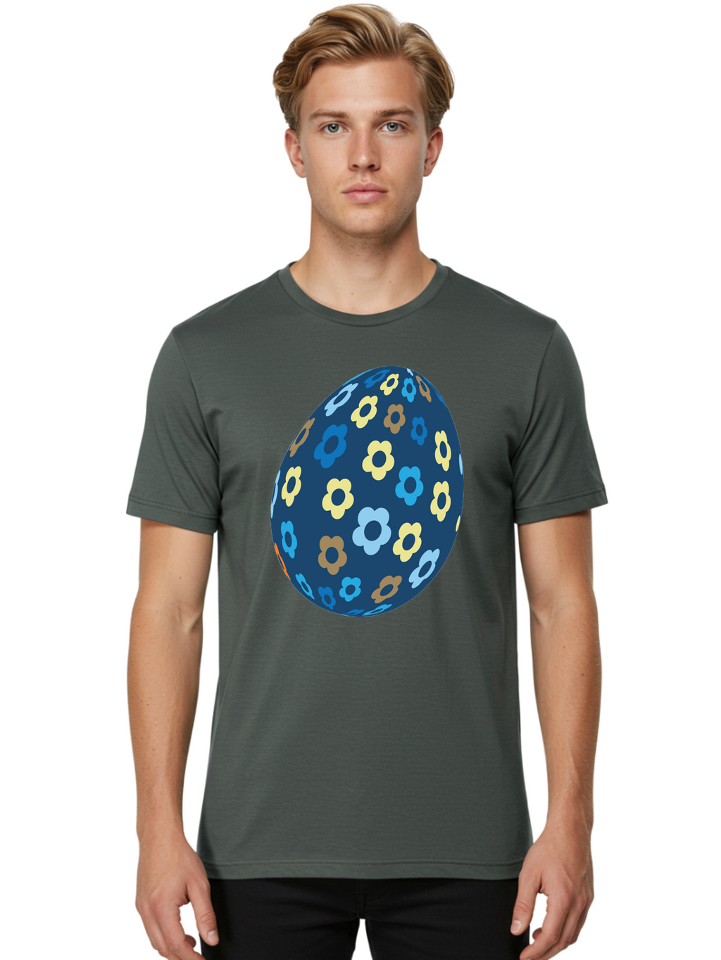 Floral-Egg-3 Men'S Graphic Tee, 100% Cotton, Comfortable Casual Summer Wear, Machine Washable, Easter Egg, Floral Pattern, Pastel Colors, Blue Egg, Yellow Flowers, Brown Flowers, Light Blue Flowers, Spring Theme, Easter Decoration Aac731
