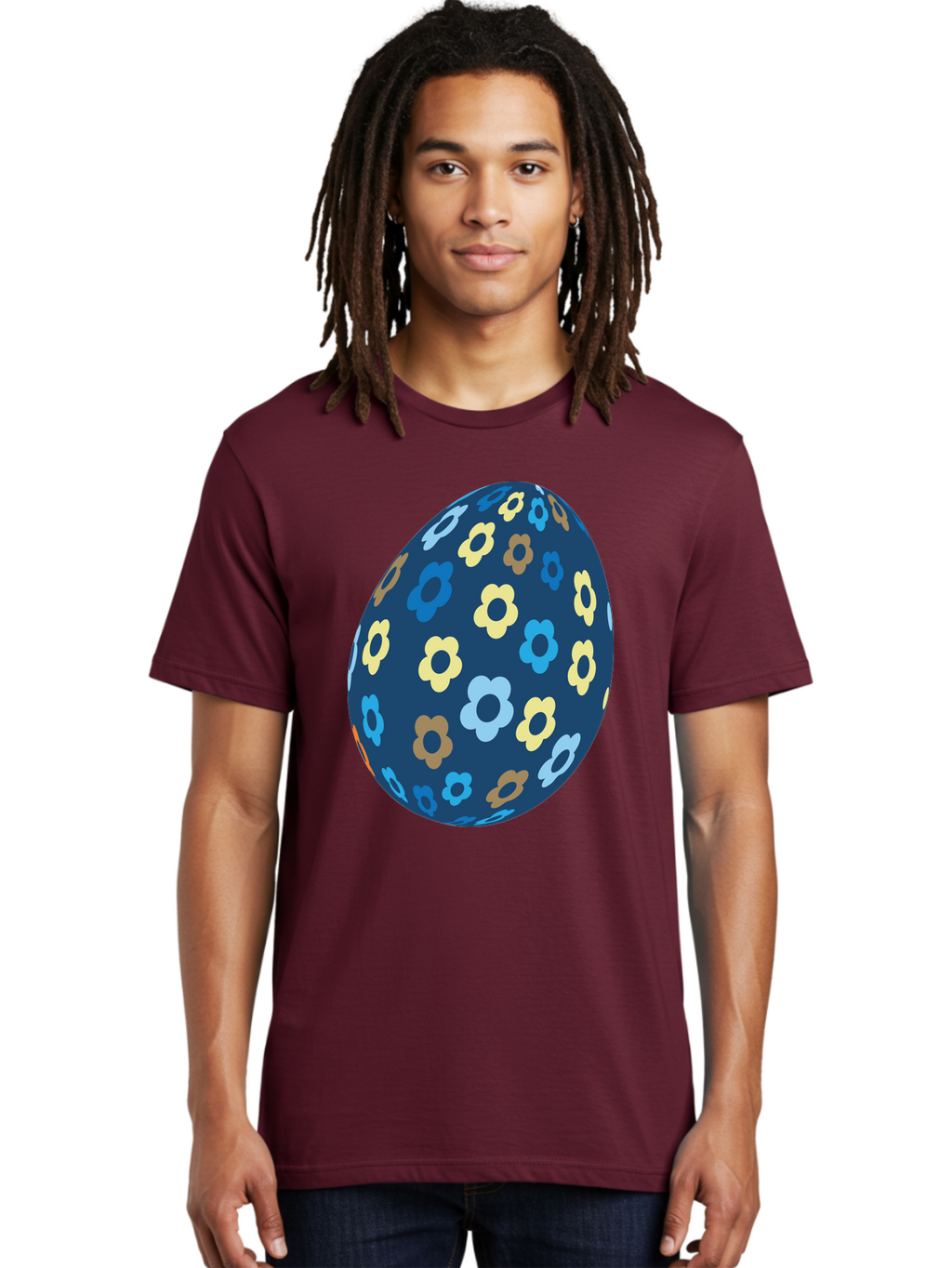 Floral-Egg-3 Men'S Graphic Tee, 100% Cotton, Comfortable Casual Summer Wear, Machine Washable, Easter Egg, Floral Pattern, Pastel Colors, Blue Egg, Yellow Flowers, Brown Flowers, Light Blue Flowers, Spring Theme, Easter Decoration Aac731