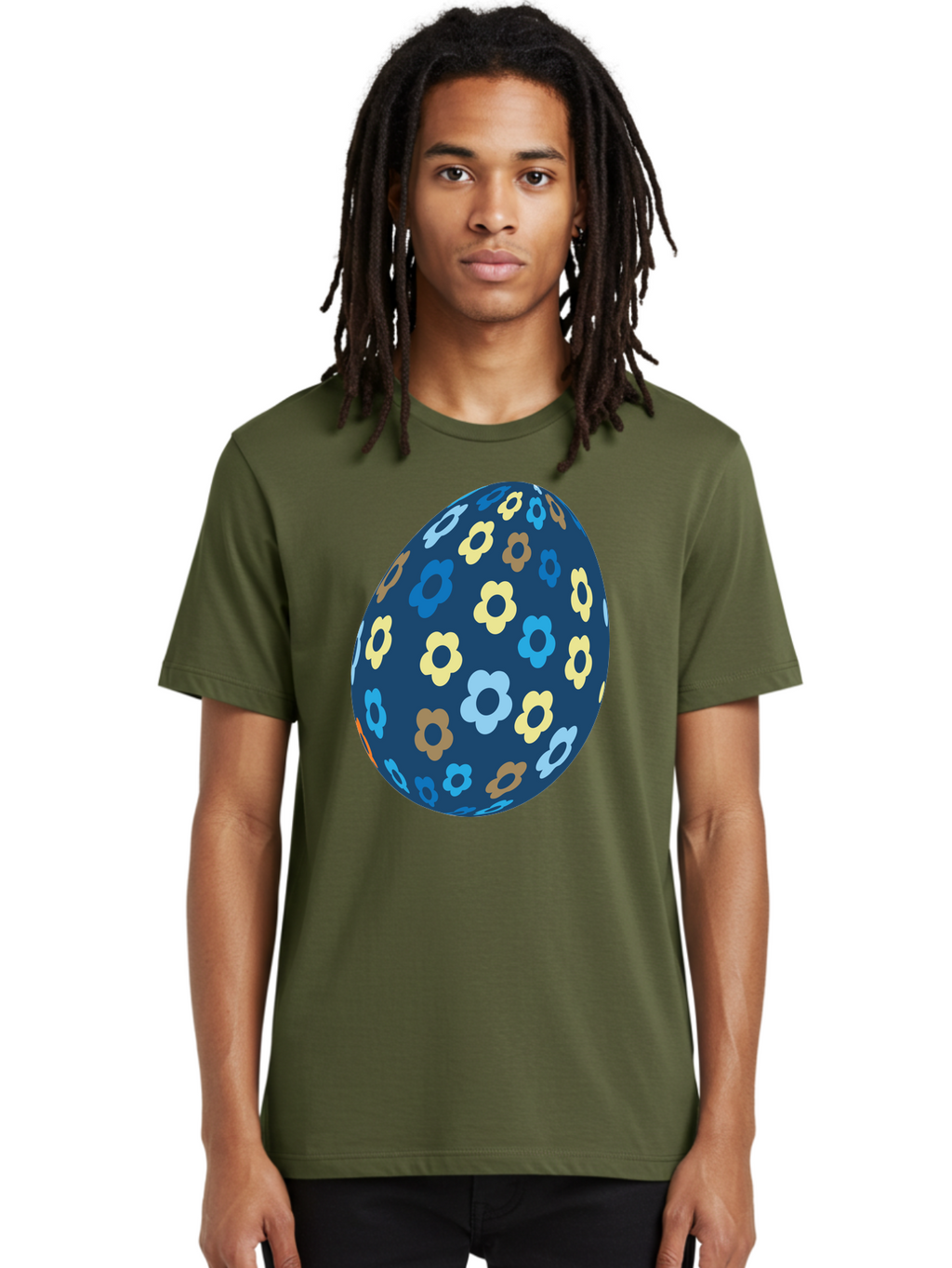 Floral-Egg-3 Men'S Graphic Tee, 100% Cotton, Comfortable Casual Summer Wear, Machine Washable, Easter Egg, Floral Pattern, Pastel Colors, Blue Egg, Yellow Flowers, Brown Flowers, Light Blue Flowers, Spring Theme, Easter Decoration Aac731
