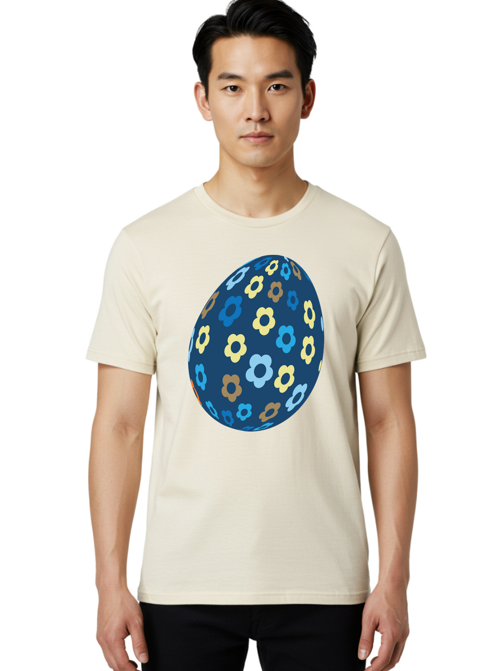 Floral-Egg-3 Men'S Graphic Tee, 100% Cotton, Comfortable Casual Summer Wear, Machine Washable, Easter Egg, Floral Pattern, Pastel Colors, Blue Egg, Yellow Flowers, Brown Flowers, Light Blue Flowers, Spring Theme, Easter Decoration Aac731