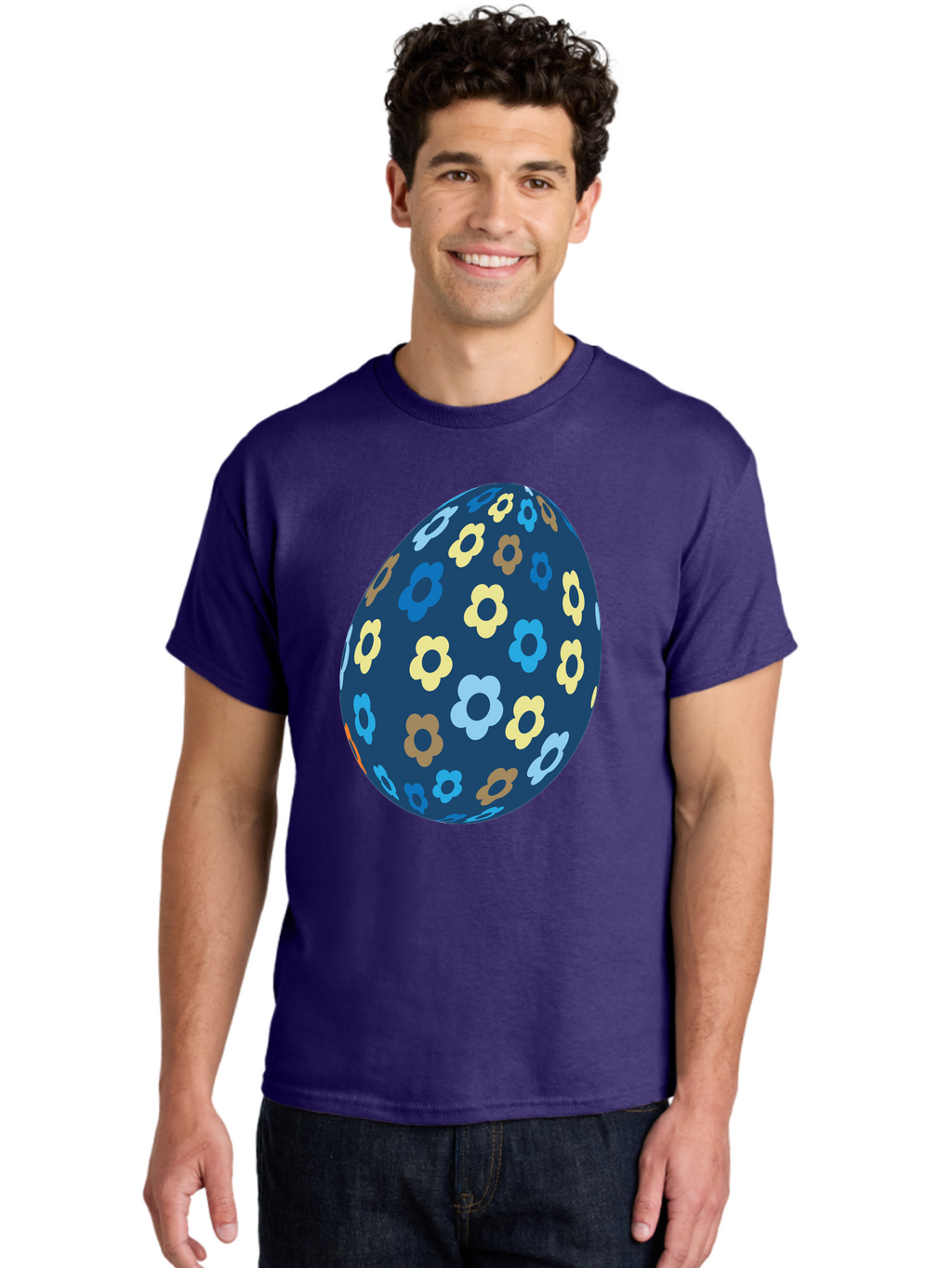 Floral-Egg-3 Men'S Graphic Tee, 100% Cotton, Comfortable Casual Summer Wear, Machine Washable, Easter Egg, Floral Pattern, Pastel Colors, Blue Egg, Yellow Flowers, Brown Flowers, Light Blue Flowers, Spring Theme, Easter Decoration Aac731