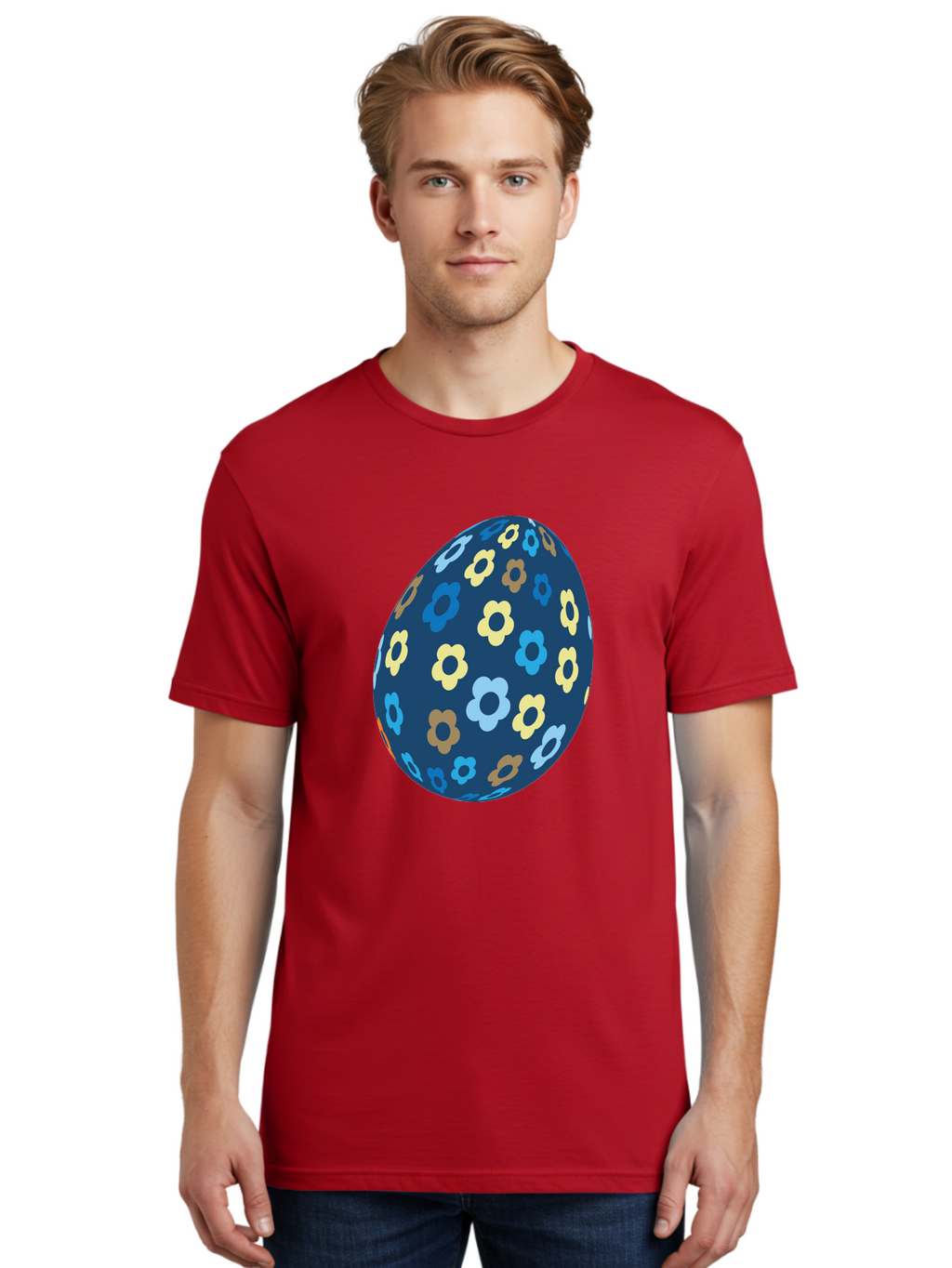 Floral-Egg-3 Men'S Graphic Tee, 100% Cotton, Comfortable Casual Summer Wear, Machine Washable, Easter Egg, Floral Pattern, Pastel Colors, Blue Egg, Yellow Flowers, Brown Flowers, Light Blue Flowers, Spring Theme, Easter Decoration Aac731