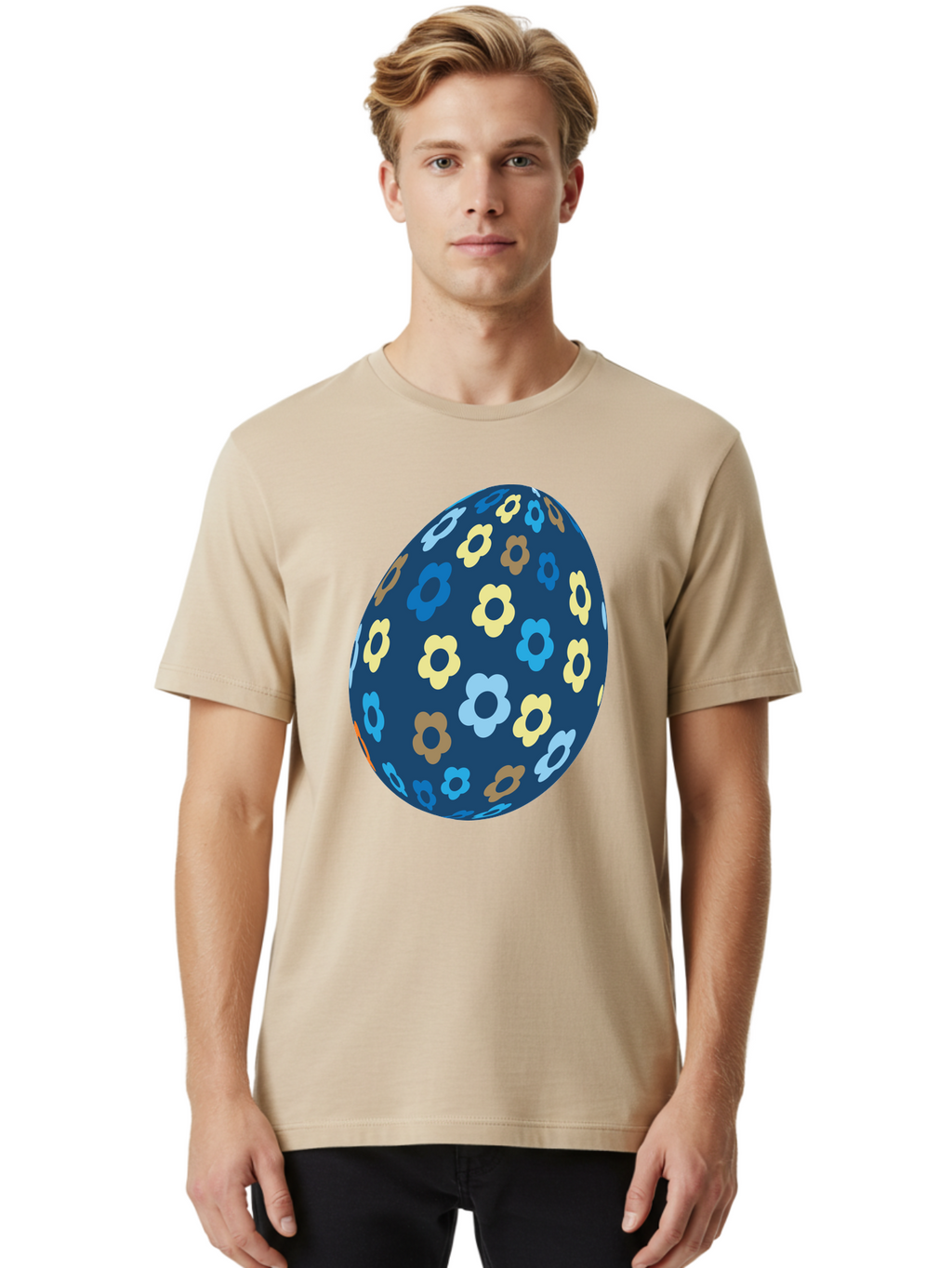 Floral-Egg-3 Men'S Graphic Tee, 100% Cotton, Comfortable Casual Summer Wear, Machine Washable, Easter Egg, Floral Pattern, Pastel Colors, Blue Egg, Yellow Flowers, Brown Flowers, Light Blue Flowers, Spring Theme, Easter Decoration Aac731