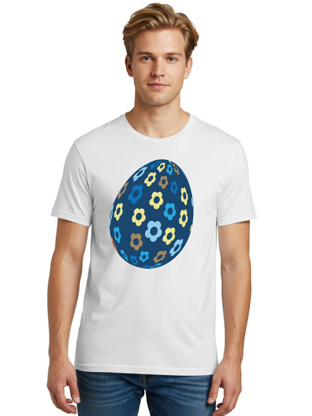 Floral-Egg-3 Men'S Graphic Tee, 100% Cotton, Comfortable Casual Summer Wear, Machine Washable, Easter Egg, Floral Pattern, Pastel Colors, Blue Egg, Yellow Flowers, Brown Flowers, Light Blue Flowers, Spring Theme, Easter Decoration Aac731