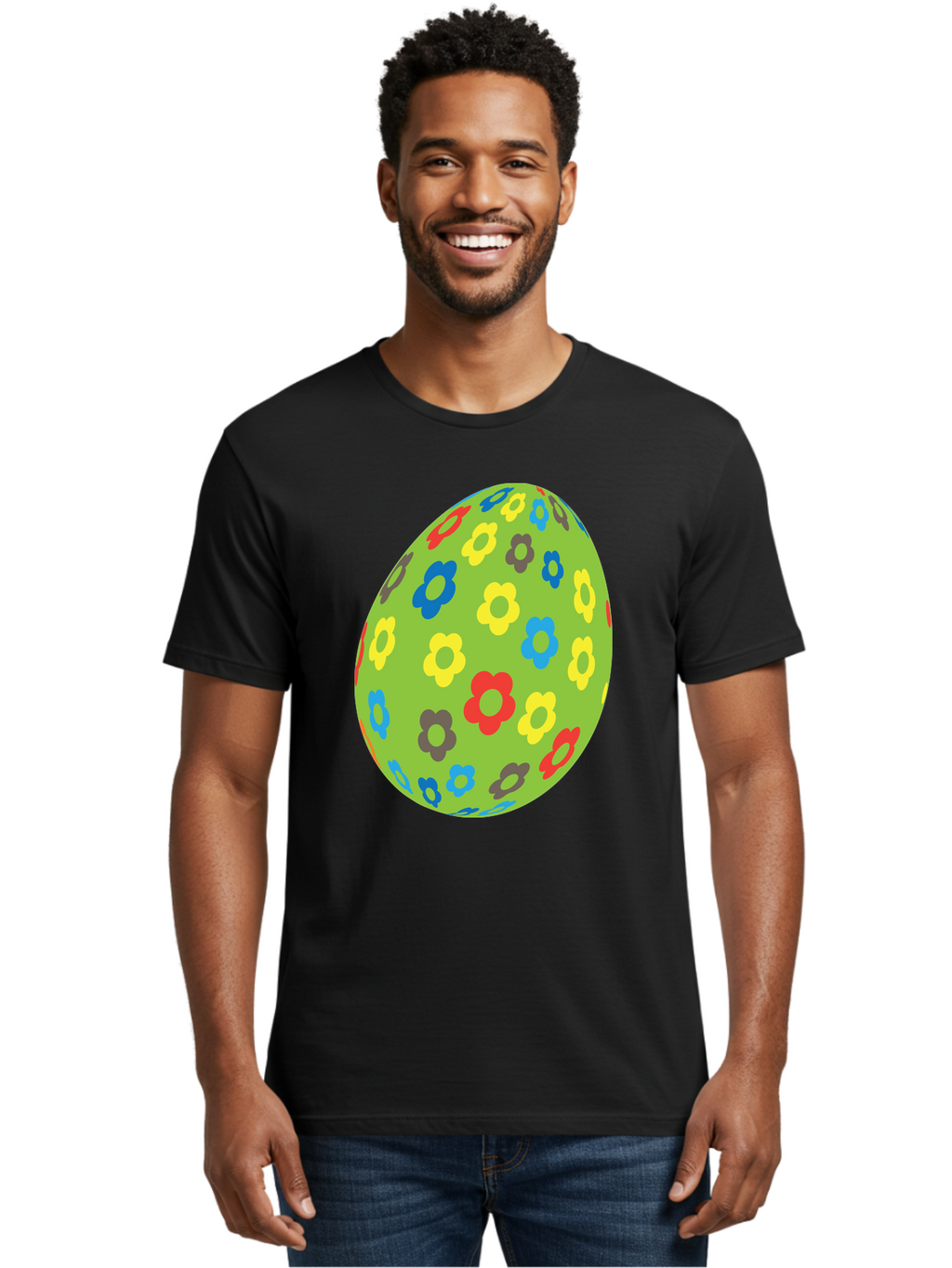 Floral-Egg Men'S Graphic Tee, 100% Cotton, Comfortable Casual Summer Wear, Machine Washable, Decorated Egg, Floral Pattern, Colorful Flowers, Easter Egg Decoration, Spring Theme, Festive Design, Cartoon Style, Red, Blue, Yellow, Purple Flowers Aac732