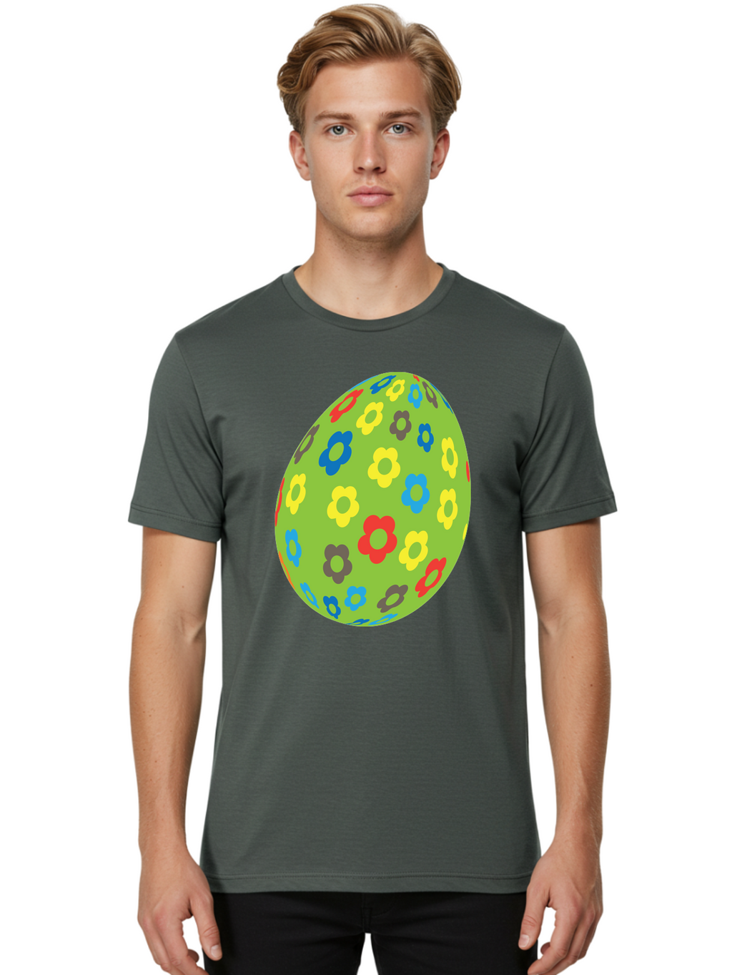Floral-Egg Men'S Graphic Tee, 100% Cotton, Comfortable Casual Summer Wear, Machine Washable, Decorated Egg, Floral Pattern, Colorful Flowers, Easter Egg Decoration, Spring Theme, Festive Design, Cartoon Style, Red, Blue, Yellow, Purple Flowers Aac732
