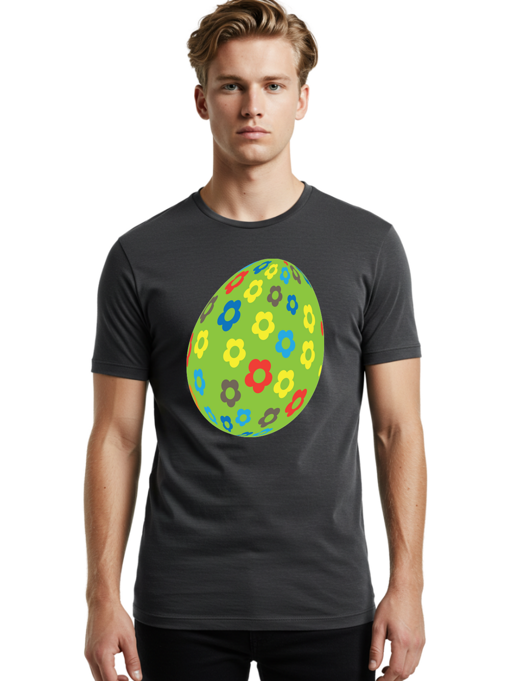 Floral-Egg Men'S Graphic Tee, 100% Cotton, Comfortable Casual Summer Wear, Machine Washable, Decorated Egg, Floral Pattern, Colorful Flowers, Easter Egg Decoration, Spring Theme, Festive Design, Cartoon Style, Red, Blue, Yellow, Purple Flowers Aac732
