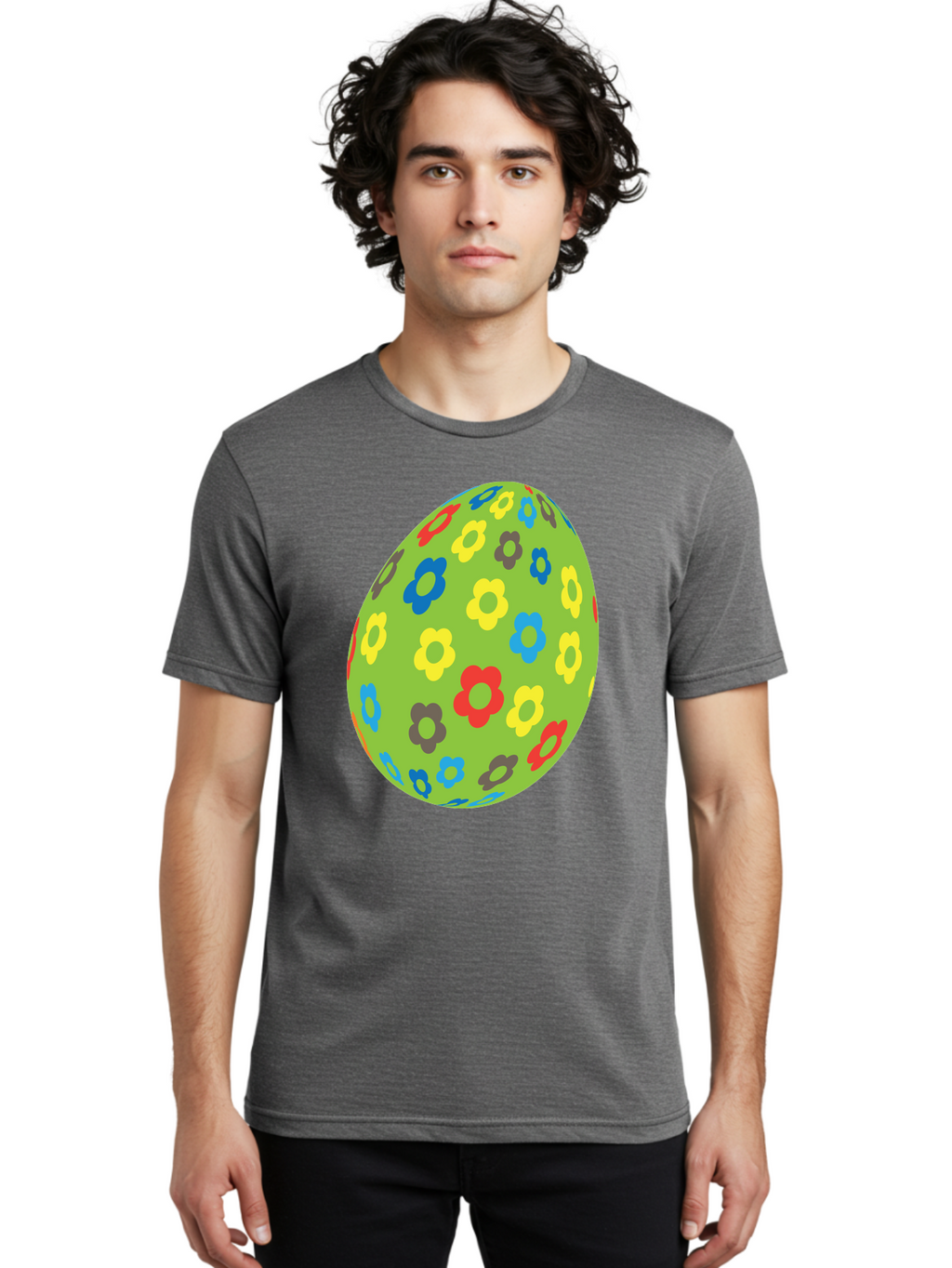 Floral-Egg Men'S Graphic Tee, 100% Cotton, Comfortable Casual Summer Wear, Machine Washable, Decorated Egg, Floral Pattern, Colorful Flowers, Easter Egg Decoration, Spring Theme, Festive Design, Cartoon Style, Red, Blue, Yellow, Purple Flowers Aac732