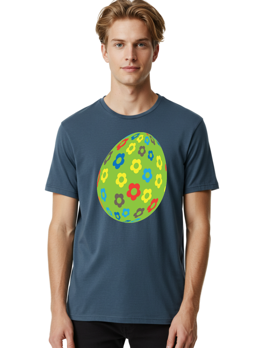 Floral-Egg Men'S Graphic Tee, 100% Cotton, Comfortable Casual Summer Wear, Machine Washable, Decorated Egg, Floral Pattern, Colorful Flowers, Easter Egg Decoration, Spring Theme, Festive Design, Cartoon Style, Red, Blue, Yellow, Purple Flowers Aac732