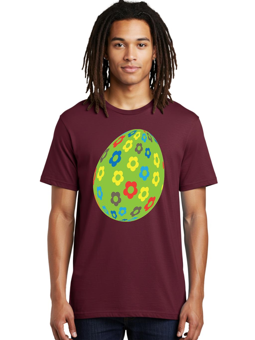 Floral-Egg Men'S Graphic Tee, 100% Cotton, Comfortable Casual Summer Wear, Machine Washable, Decorated Egg, Floral Pattern, Colorful Flowers, Easter Egg Decoration, Spring Theme, Festive Design, Cartoon Style, Red, Blue, Yellow, Purple Flowers Aac732