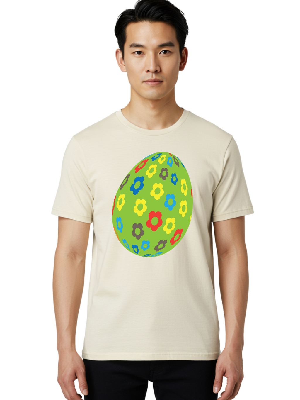 Floral-Egg Men'S Graphic Tee, 100% Cotton, Comfortable Casual Summer Wear, Machine Washable, Decorated Egg, Floral Pattern, Colorful Flowers, Easter Egg Decoration, Spring Theme, Festive Design, Cartoon Style, Red, Blue, Yellow, Purple Flowers Aac732