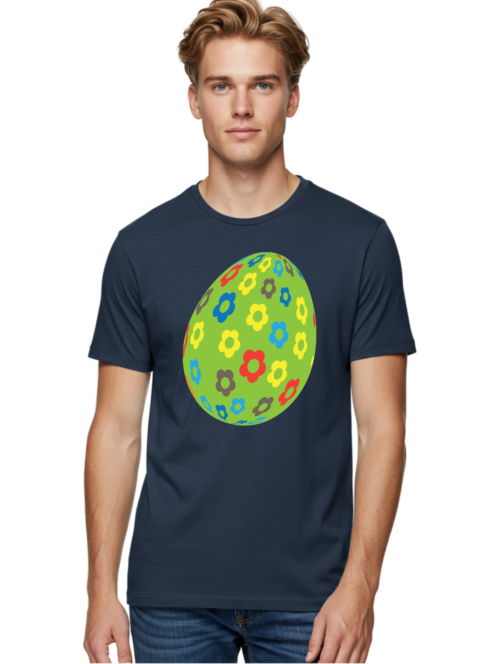 Floral-Egg Men'S Graphic Tee, 100% Cotton, Comfortable Casual Summer Wear, Machine Washable, Decorated Egg, Floral Pattern, Colorful Flowers, Easter Egg Decoration, Spring Theme, Festive Design, Cartoon Style, Red, Blue, Yellow, Purple Flowers Aac732