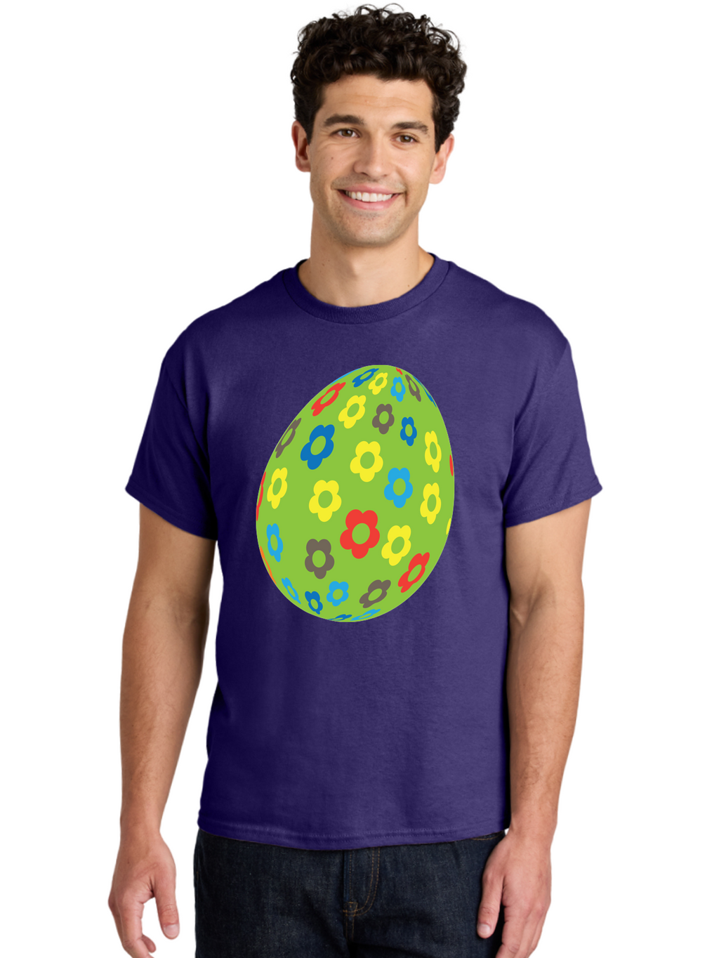 Floral-Egg Men'S Graphic Tee, 100% Cotton, Comfortable Casual Summer Wear, Machine Washable, Decorated Egg, Floral Pattern, Colorful Flowers, Easter Egg Decoration, Spring Theme, Festive Design, Cartoon Style, Red, Blue, Yellow, Purple Flowers Aac732