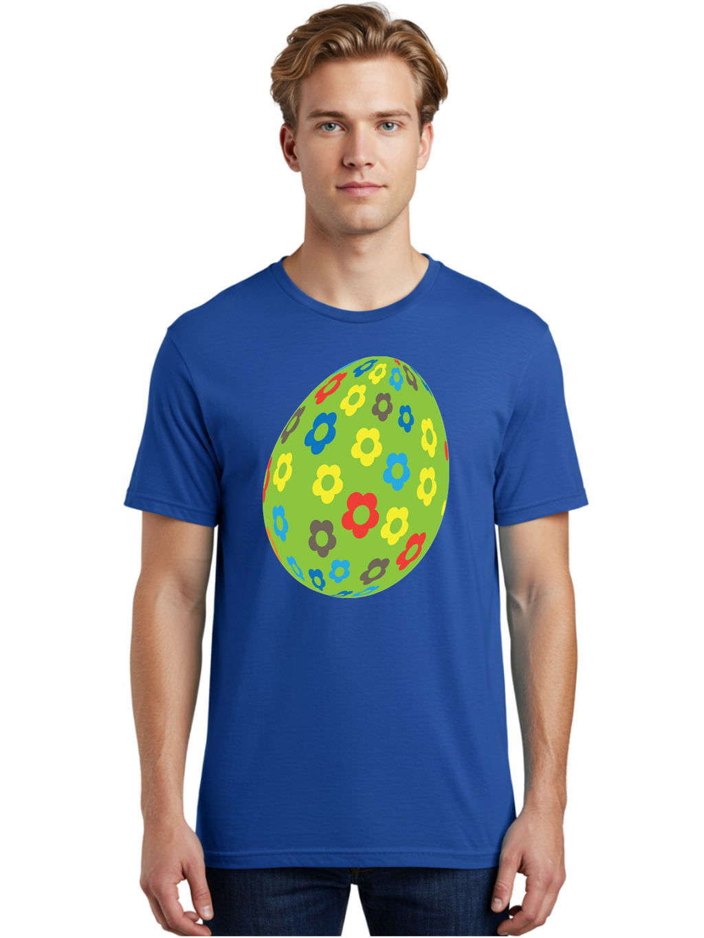 Floral-Egg Men'S Graphic Tee, 100% Cotton, Comfortable Casual Summer Wear, Machine Washable, Decorated Egg, Floral Pattern, Colorful Flowers, Easter Egg Decoration, Spring Theme, Festive Design, Cartoon Style, Red, Blue, Yellow, Purple Flowers Aac732