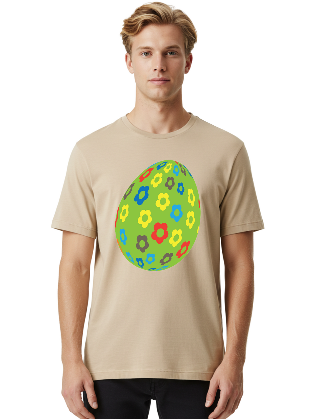 Floral-Egg Men'S Graphic Tee, 100% Cotton, Comfortable Casual Summer Wear, Machine Washable, Decorated Egg, Floral Pattern, Colorful Flowers, Easter Egg Decoration, Spring Theme, Festive Design, Cartoon Style, Red, Blue, Yellow, Purple Flowers Aac732