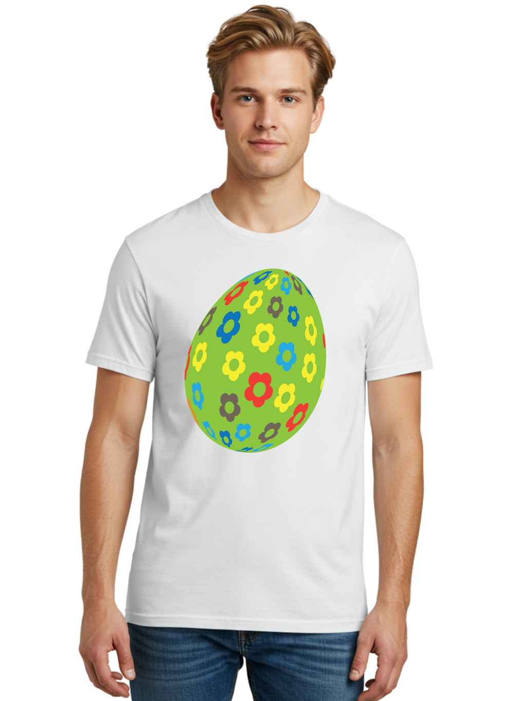 Floral-Egg Men'S Graphic Tee, 100% Cotton, Comfortable Casual Summer Wear, Machine Washable, Decorated Egg, Floral Pattern, Colorful Flowers, Easter Egg Decoration, Spring Theme, Festive Design, Cartoon Style, Red, Blue, Yellow, Purple Flowers Aac732