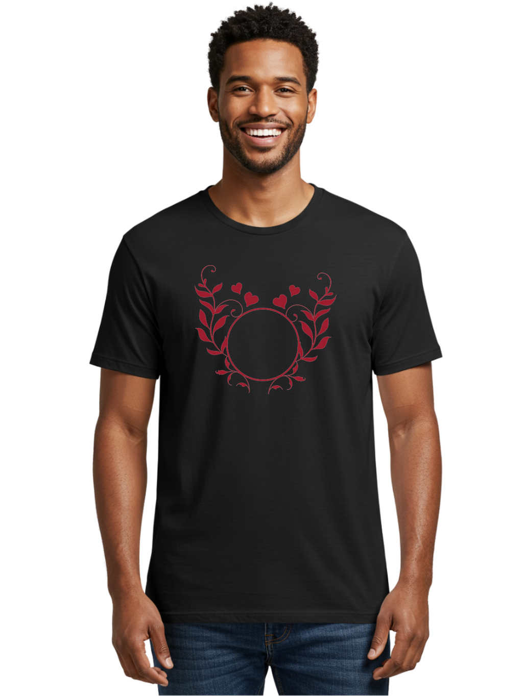 Floral-Heart-Design Men'S Graphic Tee, 100% Cotton, Comfortable Casual Summer Wear, Machine Washable, Floral Frame, Heart Decoration, Circular Border, Leafy Design, Red Hearts, Romantic Theme, Elegant Frame, Valentine'S Day Decor Aac734