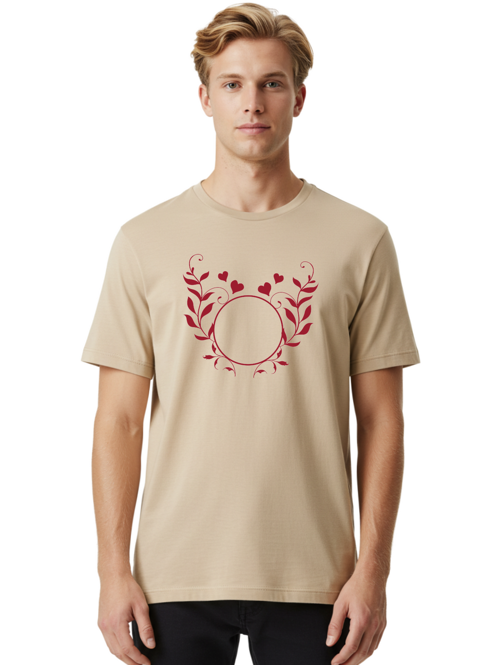 Floral-Heart-Design Men'S Graphic Tee, 100% Cotton, Comfortable Casual Summer Wear, Machine Washable, Floral Frame, Heart Decoration, Circular Border, Leafy Design, Red Hearts, Romantic Theme, Elegant Frame, Valentine'S Day Decor Aac734