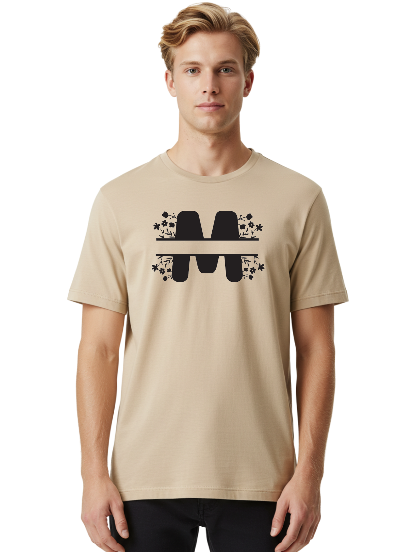 Floral-M-Logo Men'S Graphic Tee, 100% Cotton, Comfortable Casual Summer Wear, Machine Washable, Stylish Logo, Letter M, Floral Design, Bold Typography, Decorative Flowers, Modern Graphics, Sleek Design Aac735