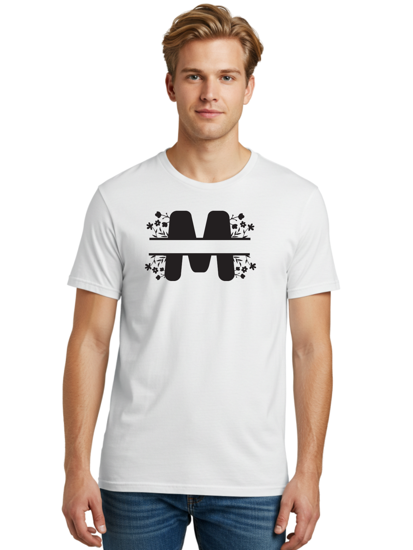 Floral-M-Logo Men'S Graphic Tee, 100% Cotton, Comfortable Casual Summer Wear, Machine Washable, Stylish Logo, Letter M, Floral Design, Bold Typography, Decorative Flowers, Modern Graphics, Sleek Design Aac735
