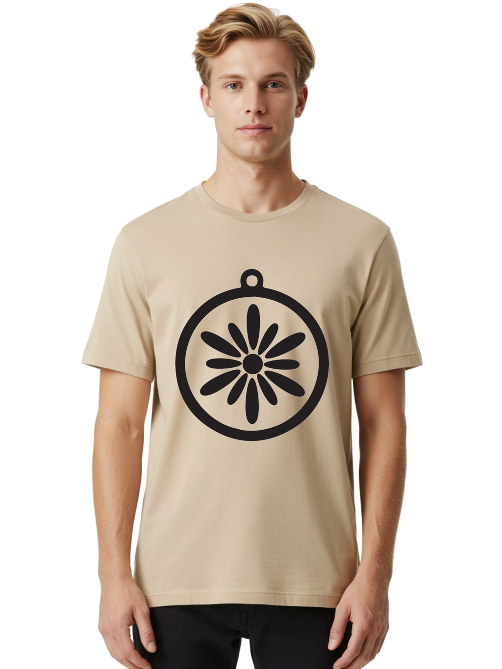 Flower-Pendant Men'S Graphic Tee, 100% Cotton, Comfortable Casual Summer Wear, Machine Washable, Flower Pendant, Minimalist Design, Circular Shape, Floral Motif, Simple Jewelry, Elegant Accessory, Modern Charm, Stylized Bloom Aac737