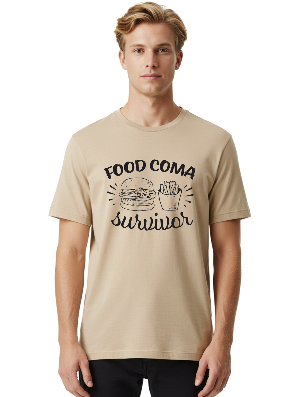 Food-Coma-Survivor Men'S Graphic Tee, 100% Cotton, Comfortable Casual Summer Wear, Machine Washable, Fast Food, Comfort Food, Burger And Fries, Food Coma, Survivor, Funny Quote, Quirky Humor, Foodie Culture, Casual Dining Aac741