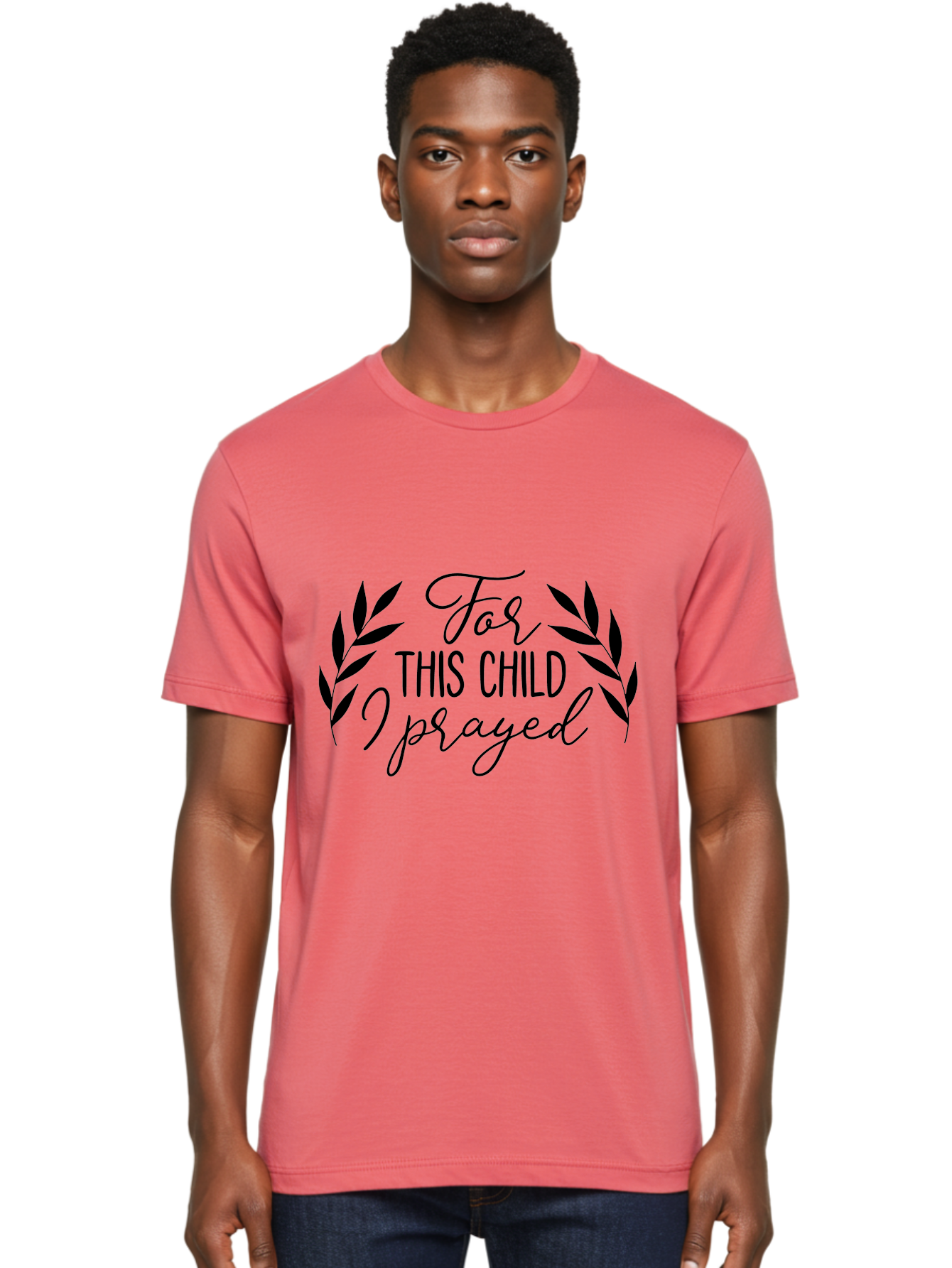 For-This-Child-I-Prayed-1 Men'S Graphic Tee, 100% Cotton, Comfortable Casual Summer Wear, Machine Washable, Faith-Based Quote, Inspirational Message, Prayer For Children, Laurel Wreath Design, Scripture-Inspired Art, Child Blessing, Aac742