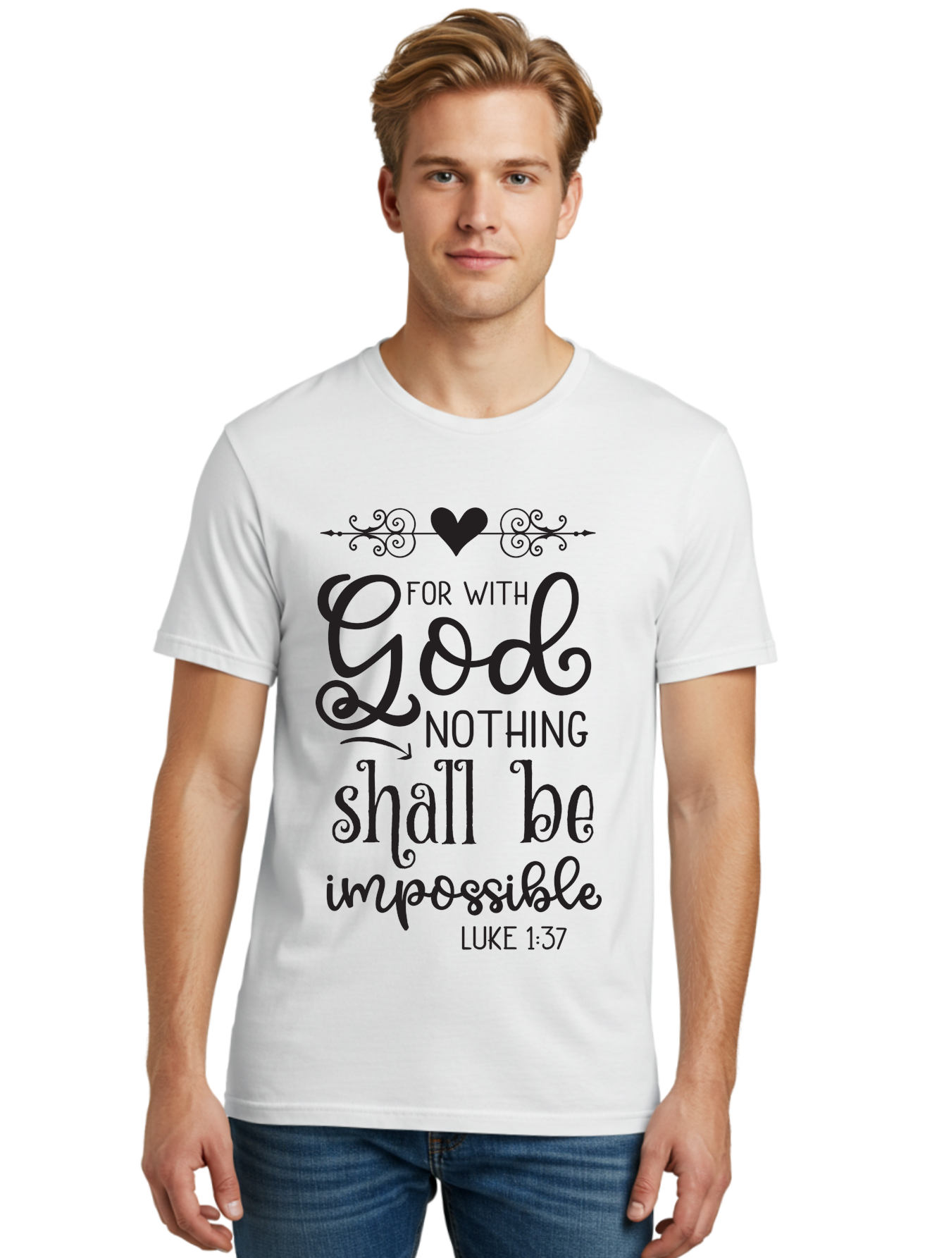 For-With-God-Nothing-Shall-Be-Impossible Men'S Graphic Tee, 100% Cotton, Comfortable Casual Summer Wear, Machine Washable, Inspirational Quote, Motivational Quote, Faith-Based Quote, Biblical Verse, Christian Quote, Luke 1:37, God Is Great, Aac744