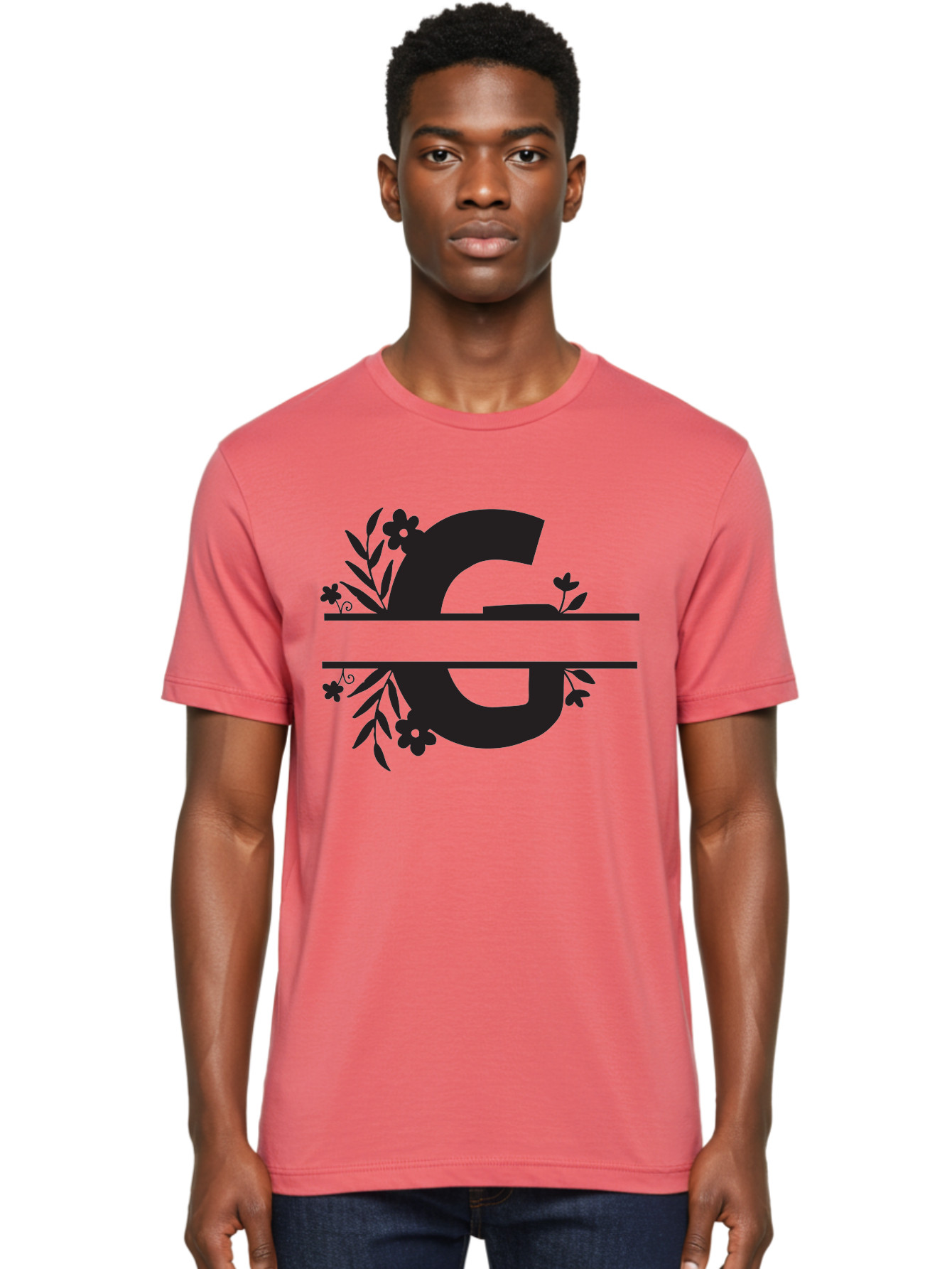 G-1 Men'S Graphic Tee, 100% Cotton, Comfortable Casual Summer Wear, Machine Washable, Stylish Letter G, Floral Decorations, Elegant Design, Black And Green Color Scheme, Leafy Patterns, Beautiful Typography, Decorative Elements, Leaf Vines, Aac748