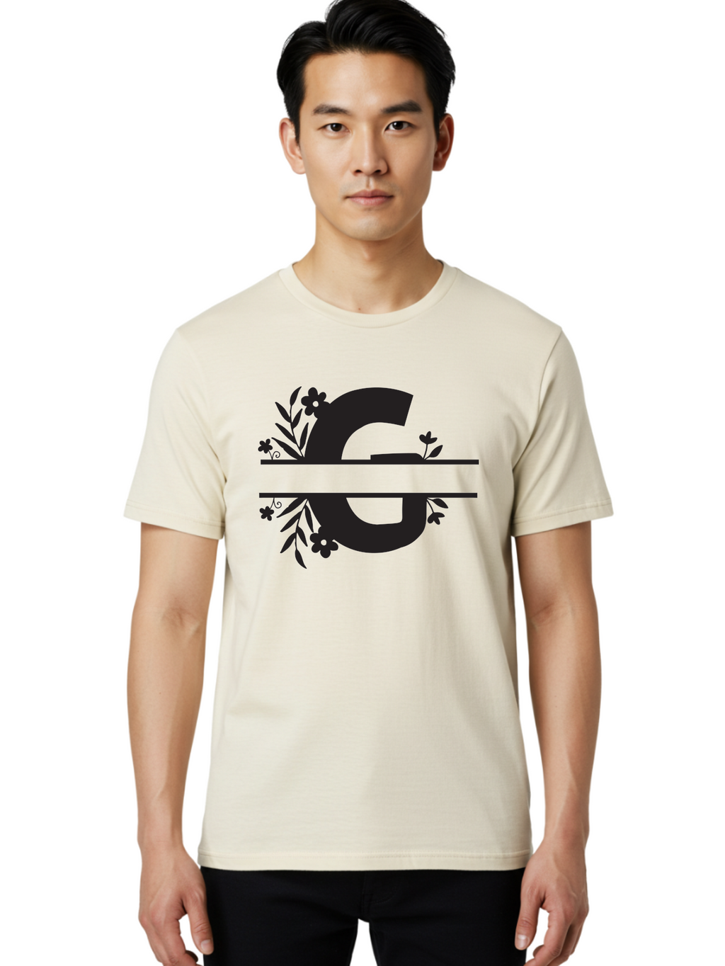 G-1 Men'S Graphic Tee, 100% Cotton, Comfortable Casual Summer Wear, Machine Washable, Stylish Letter G, Floral Decorations, Elegant Design, Black And Green Color Scheme, Leafy Patterns, Beautiful Typography, Decorative Elements, Leaf Vines, Aac748