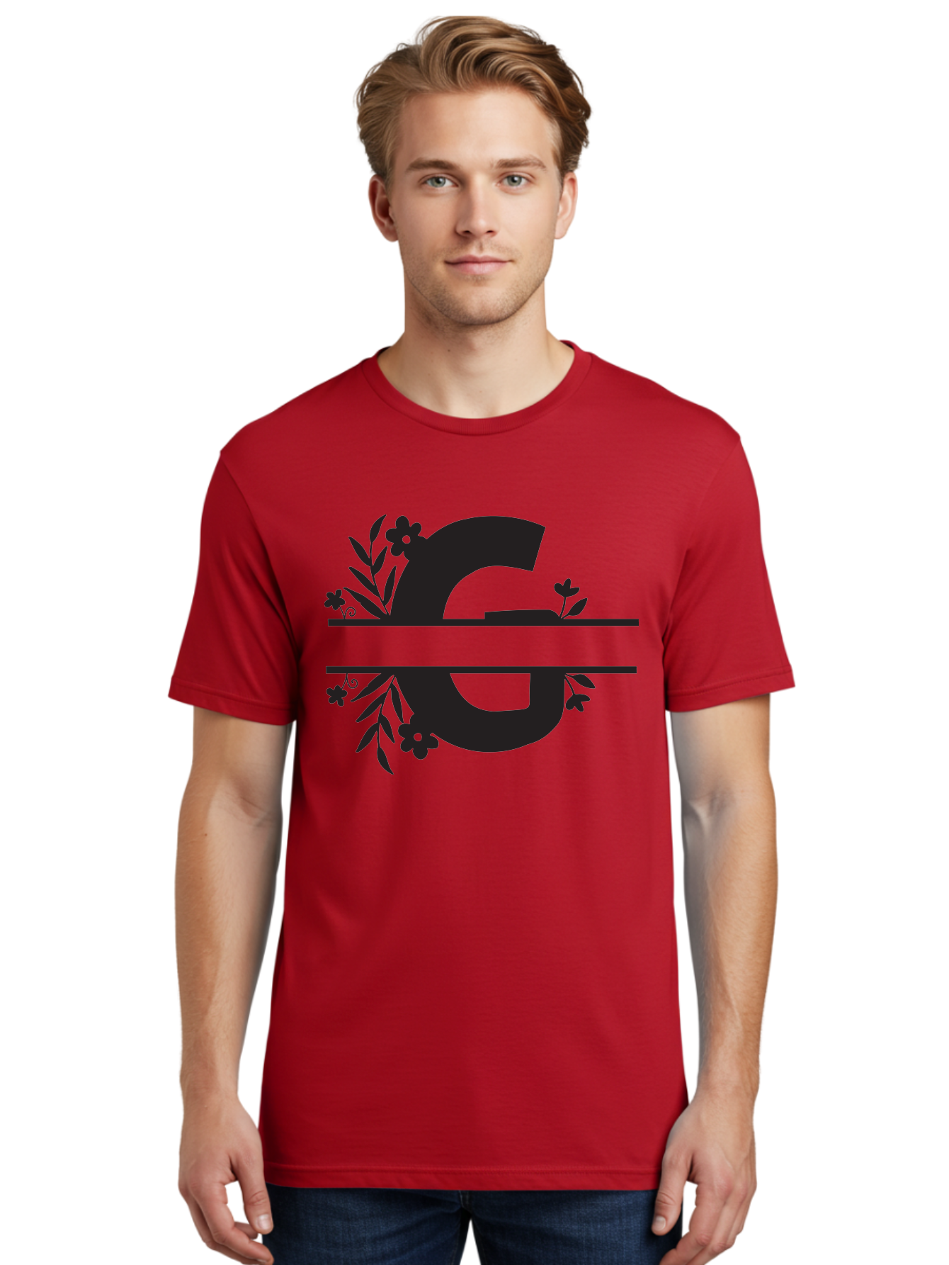 G-1 Men'S Graphic Tee, 100% Cotton, Comfortable Casual Summer Wear, Machine Washable, Stylish Letter G, Floral Decorations, Elegant Design, Black And Green Color Scheme, Leafy Patterns, Beautiful Typography, Decorative Elements, Leaf Vines, Aac748
