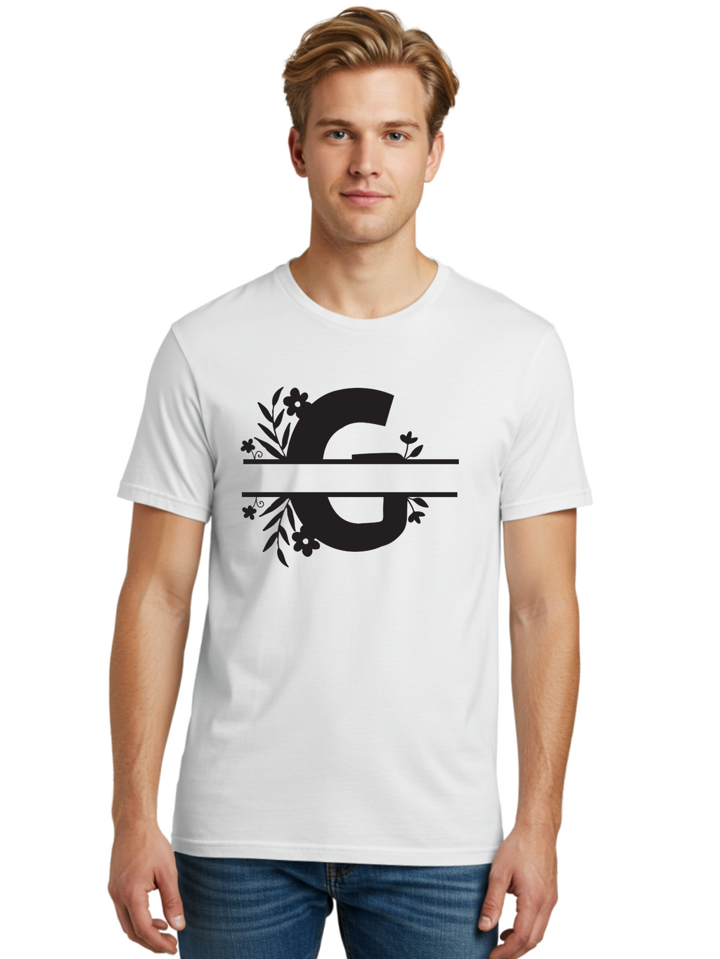 G-1 Men'S Graphic Tee, 100% Cotton, Comfortable Casual Summer Wear, Machine Washable, Stylish Letter G, Floral Decorations, Elegant Design, Black And Green Color Scheme, Leafy Patterns, Beautiful Typography, Decorative Elements, Leaf Vines, Aac748