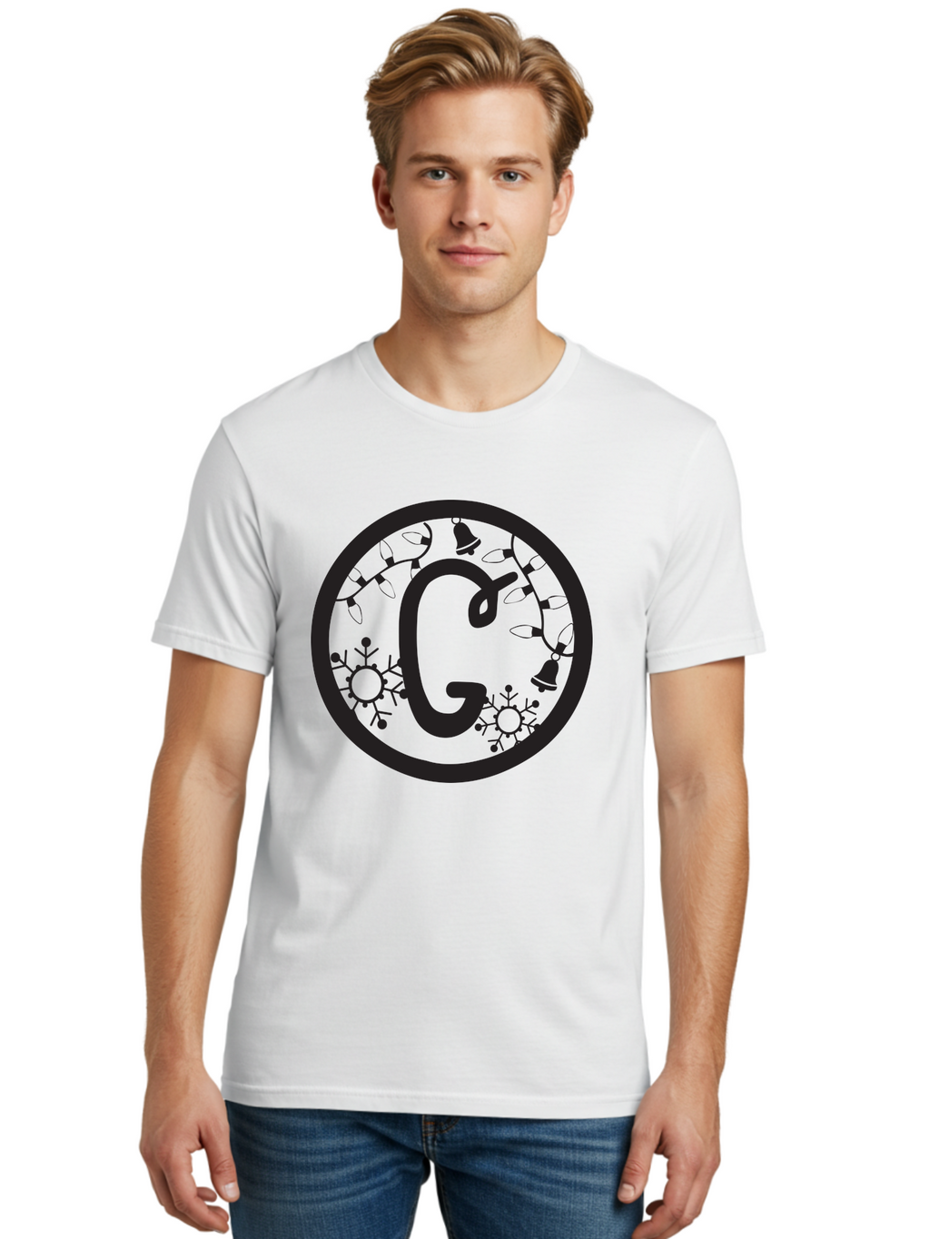 G Men'S Graphic Tee, 100% Cotton, Comfortable Casual Summer Wear, Machine Washable, Christmas Lights, Holiday Decorations, Festive Atmosphere, G Symbol, Christmas Bells, Snowflakes, Winter Wonderland, Season'S Greetings Aac749