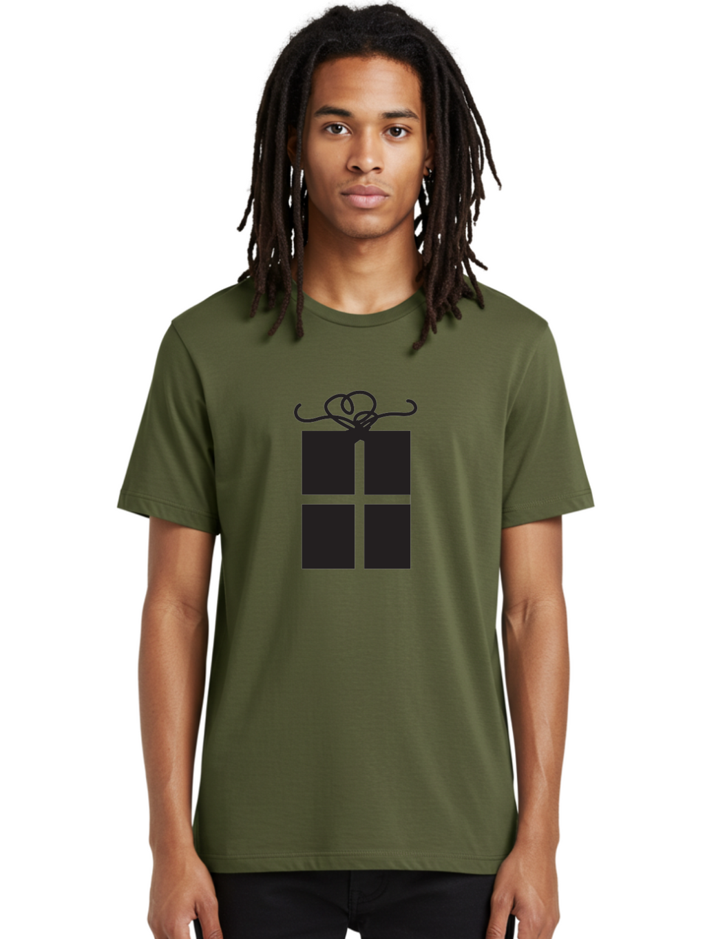 Gift-Box-1 Men'S Graphic Tee, 100% Cotton, Comfortable Casual Summer Wear, Machine Washable, Wrapped Gift, Gift Box, Present, Ribbon, Bow, Simple Design, Minimalist Style, Black And Green, Elegant Gift, Special Occasion, Celebratory Gift Aac752