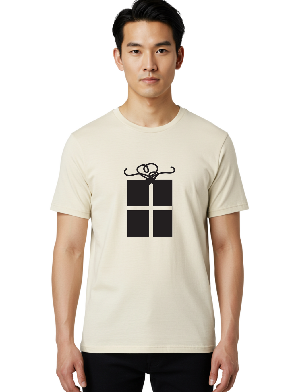 Gift-Box-1 Men'S Graphic Tee, 100% Cotton, Comfortable Casual Summer Wear, Machine Washable, Wrapped Gift, Gift Box, Present, Ribbon, Bow, Simple Design, Minimalist Style, Black And Green, Elegant Gift, Special Occasion, Celebratory Gift Aac752