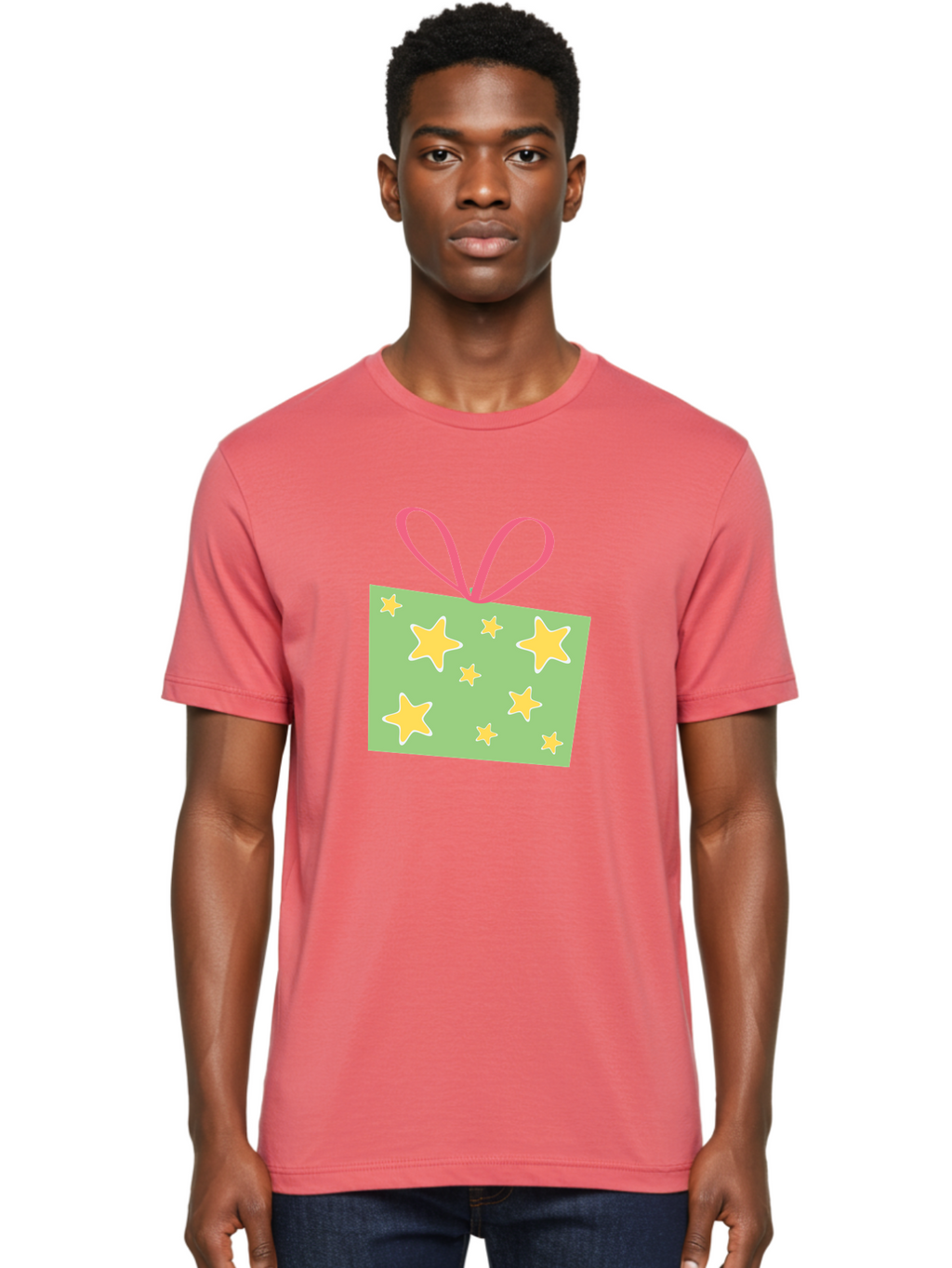 Gift-Tag-Stars Men'S Graphic Tee, 100% Cotton, Comfortable Casual Summer Wear, Machine Washable, Gift Tag, Yellow Stars, Pink Ribbon, Festive Design, Celebratory Theme, Decorative Element, Party Favor, Gift Decoration, Shiny Stars Aac754