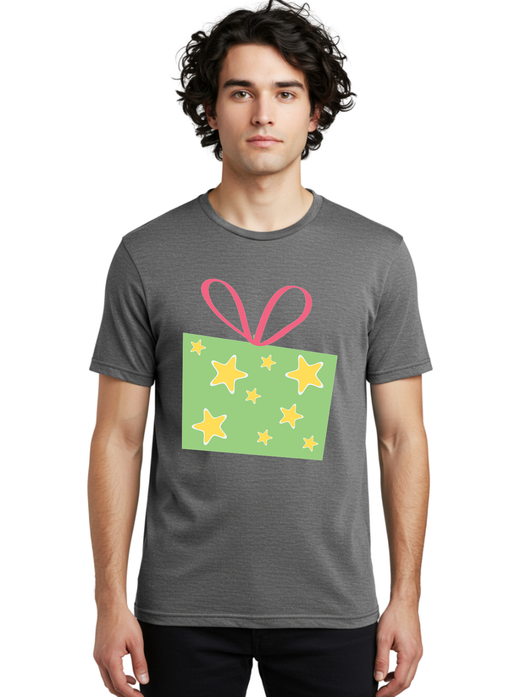 Gift-Tag-Stars Men'S Graphic Tee, 100% Cotton, Comfortable Casual Summer Wear, Machine Washable, Gift Tag, Yellow Stars, Pink Ribbon, Festive Design, Celebratory Theme, Decorative Element, Party Favor, Gift Decoration, Shiny Stars Aac754