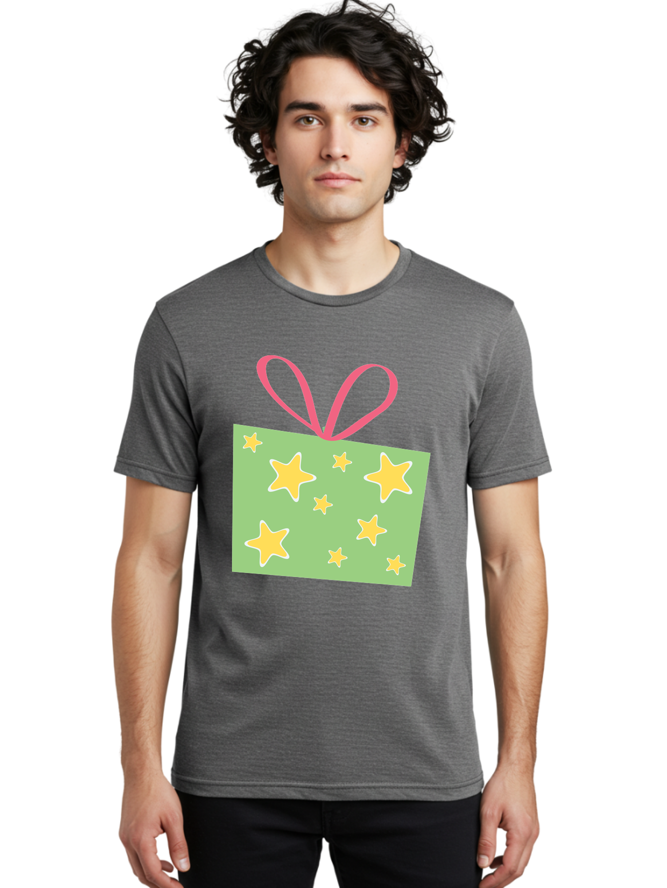 Gift-Tag-Stars Men'S Graphic Tee, 100% Cotton, Comfortable Casual Summer Wear, Machine Washable, Gift Tag, Yellow Stars, Pink Ribbon, Festive Design, Celebratory Theme, Decorative Element, Party Favor, Gift Decoration, Shiny Stars Aac754