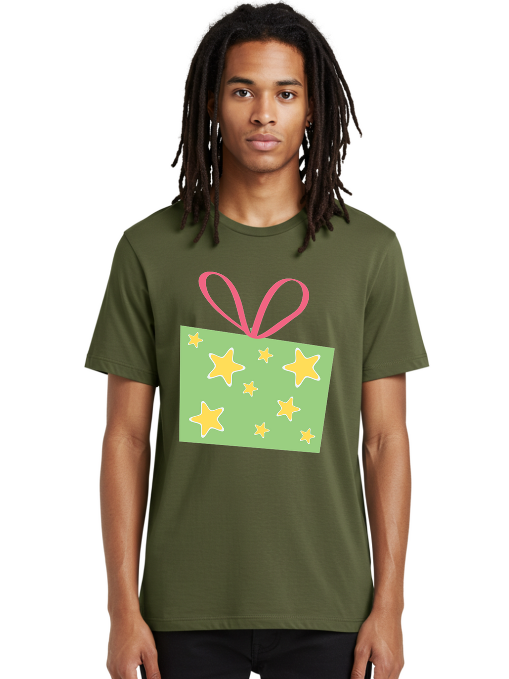 Gift-Tag-Stars Men'S Graphic Tee, 100% Cotton, Comfortable Casual Summer Wear, Machine Washable, Gift Tag, Yellow Stars, Pink Ribbon, Festive Design, Celebratory Theme, Decorative Element, Party Favor, Gift Decoration, Shiny Stars Aac754