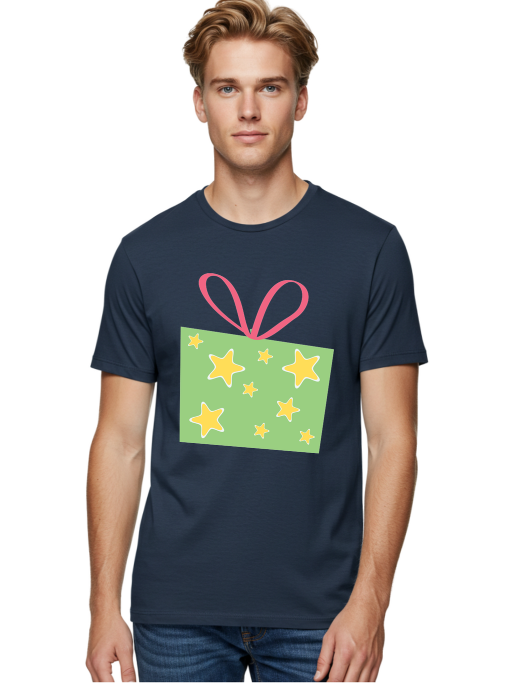 Gift-Tag-Stars Men'S Graphic Tee, 100% Cotton, Comfortable Casual Summer Wear, Machine Washable, Gift Tag, Yellow Stars, Pink Ribbon, Festive Design, Celebratory Theme, Decorative Element, Party Favor, Gift Decoration, Shiny Stars Aac754