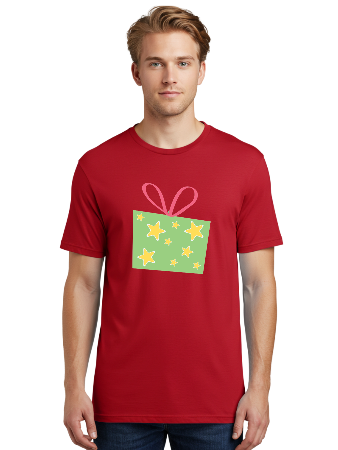 Gift-Tag-Stars Men'S Graphic Tee, 100% Cotton, Comfortable Casual Summer Wear, Machine Washable, Gift Tag, Yellow Stars, Pink Ribbon, Festive Design, Celebratory Theme, Decorative Element, Party Favor, Gift Decoration, Shiny Stars Aac754