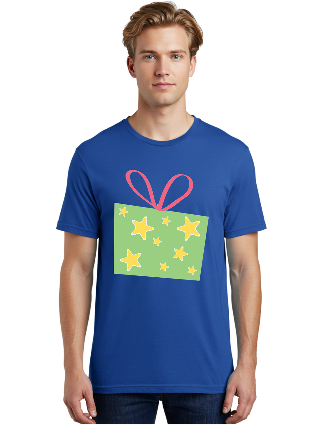 Gift-Tag-Stars Men'S Graphic Tee, 100% Cotton, Comfortable Casual Summer Wear, Machine Washable, Gift Tag, Yellow Stars, Pink Ribbon, Festive Design, Celebratory Theme, Decorative Element, Party Favor, Gift Decoration, Shiny Stars Aac754