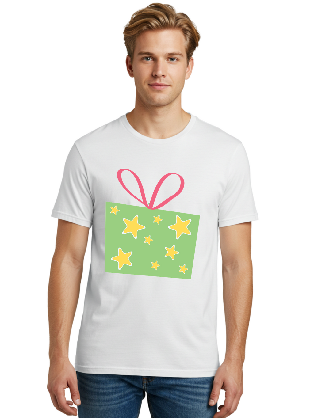Gift-Tag-Stars Men'S Graphic Tee, 100% Cotton, Comfortable Casual Summer Wear, Machine Washable, Gift Tag, Yellow Stars, Pink Ribbon, Festive Design, Celebratory Theme, Decorative Element, Party Favor, Gift Decoration, Shiny Stars Aac754