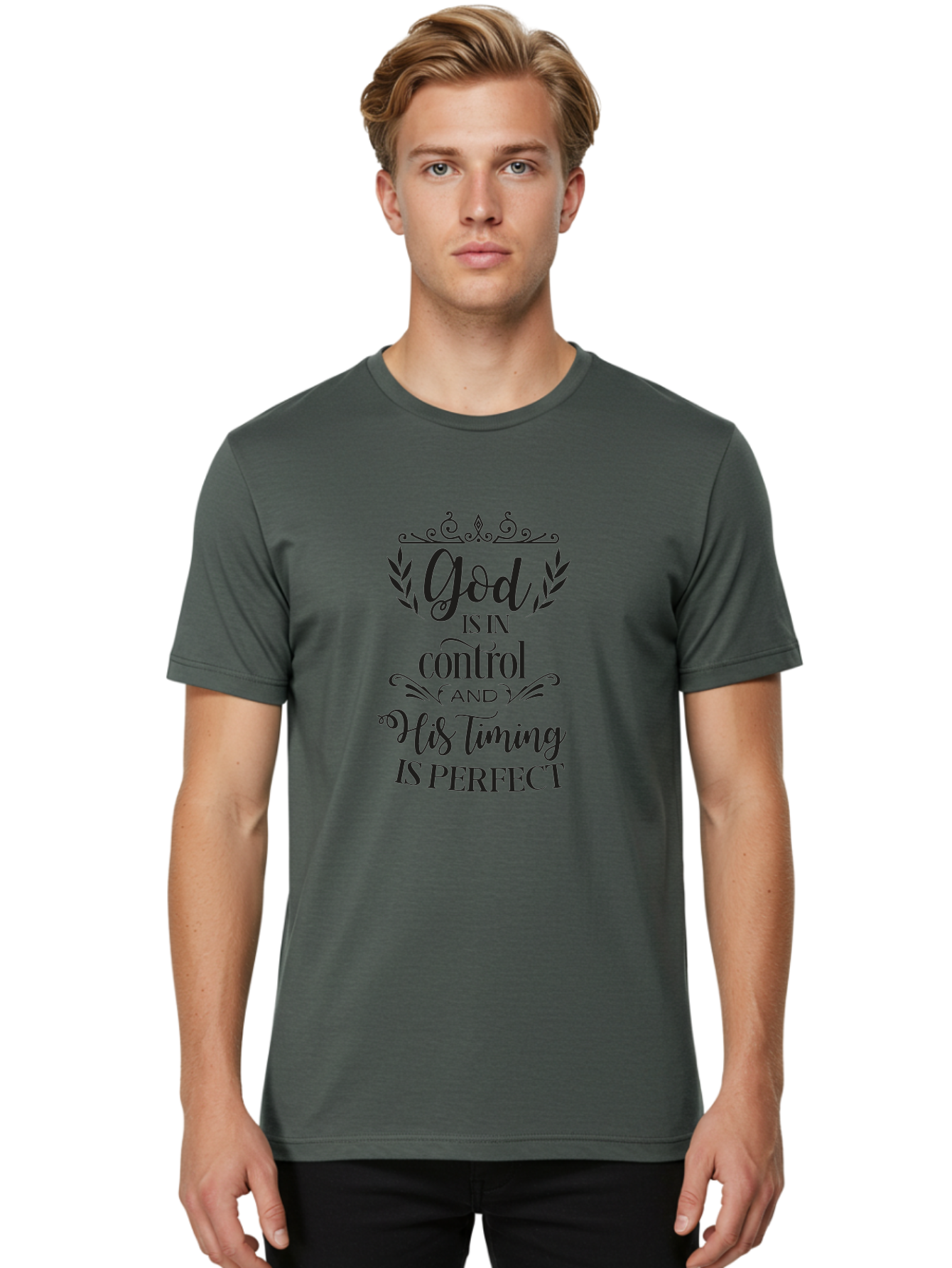 God-Is-In-Control-And-His-Timing-Is-Perfect Men'S Graphic Tee, 100% Cotton, Comfortable Casual Summer Wear, Machine Washable, Faith Quote, Inspirational Quote, Motivational Quote, Religious Quote, God Is In Control, His Timing Is Perfect, Aac764