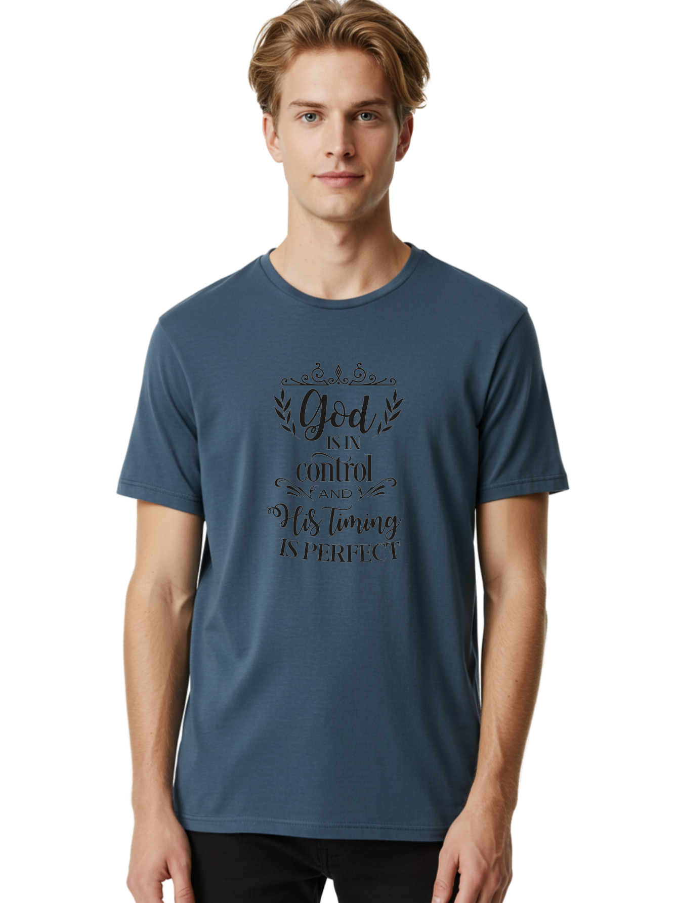 God-Is-In-Control-And-His-Timing-Is-Perfect Men'S Graphic Tee, 100% Cotton, Comfortable Casual Summer Wear, Machine Washable, Faith Quote, Inspirational Quote, Motivational Quote, Religious Quote, God Is In Control, His Timing Is Perfect, Aac764