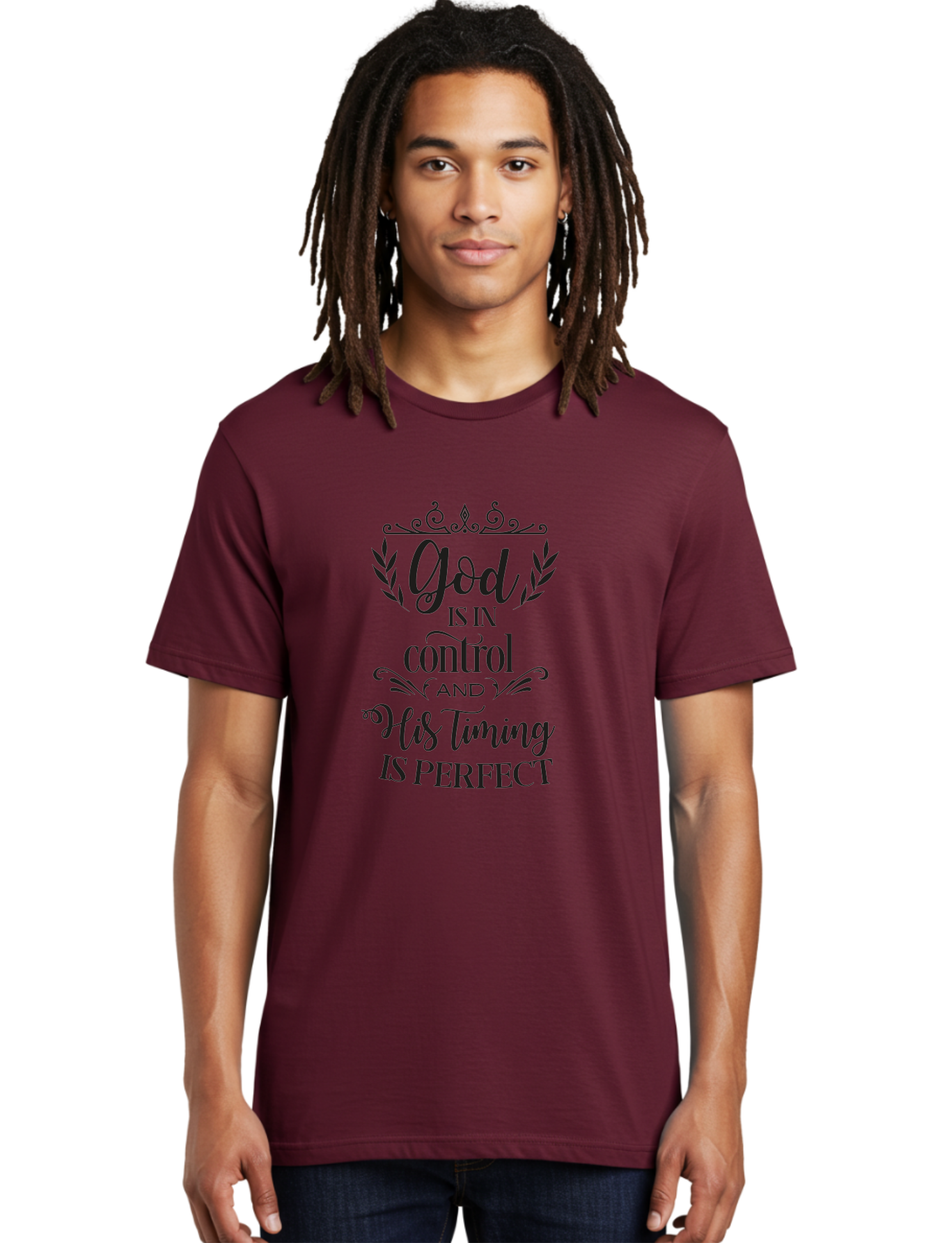 God-Is-In-Control-And-His-Timing-Is-Perfect Men'S Graphic Tee, 100% Cotton, Comfortable Casual Summer Wear, Machine Washable, Faith Quote, Inspirational Quote, Motivational Quote, Religious Quote, God Is In Control, His Timing Is Perfect, Aac764