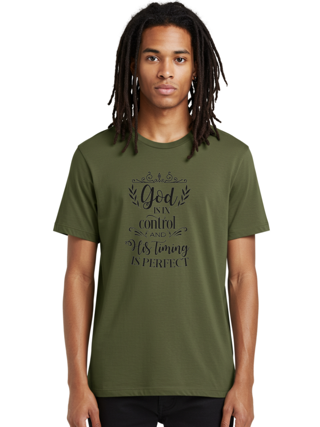 God-Is-In-Control-And-His-Timing-Is-Perfect Men'S Graphic Tee, 100% Cotton, Comfortable Casual Summer Wear, Machine Washable, Faith Quote, Inspirational Quote, Motivational Quote, Religious Quote, God Is In Control, His Timing Is Perfect, Aac764