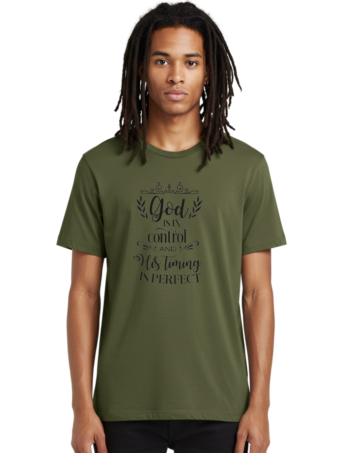 God-Is-In-Control-And-His-Timing-Is-Perfect Men'S Graphic Tee, 100% Cotton, Comfortable Casual Summer Wear, Machine Washable, Faith Quote, Inspirational Quote, Motivational Quote, Religious Quote, God Is In Control, His Timing Is Perfect, Aac764