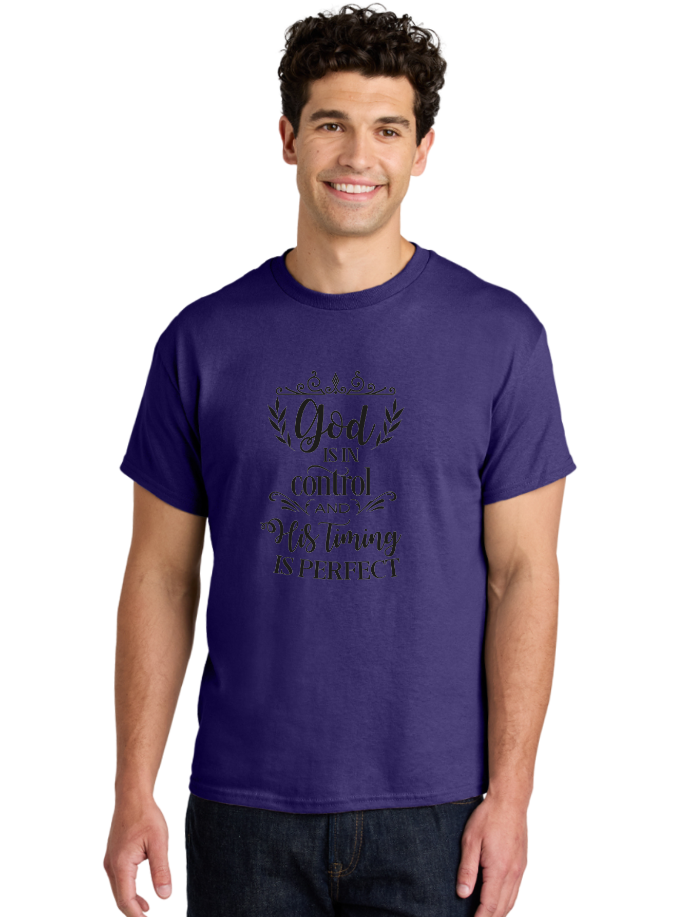 God-Is-In-Control-And-His-Timing-Is-Perfect Men'S Graphic Tee, 100% Cotton, Comfortable Casual Summer Wear, Machine Washable, Faith Quote, Inspirational Quote, Motivational Quote, Religious Quote, God Is In Control, His Timing Is Perfect, Aac764