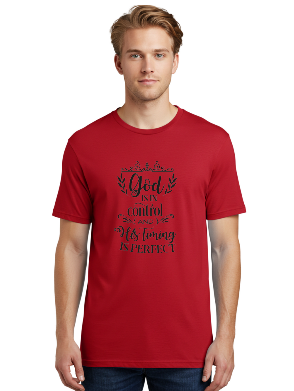 God-Is-In-Control-And-His-Timing-Is-Perfect Men'S Graphic Tee, 100% Cotton, Comfortable Casual Summer Wear, Machine Washable, Faith Quote, Inspirational Quote, Motivational Quote, Religious Quote, God Is In Control, His Timing Is Perfect, Aac764